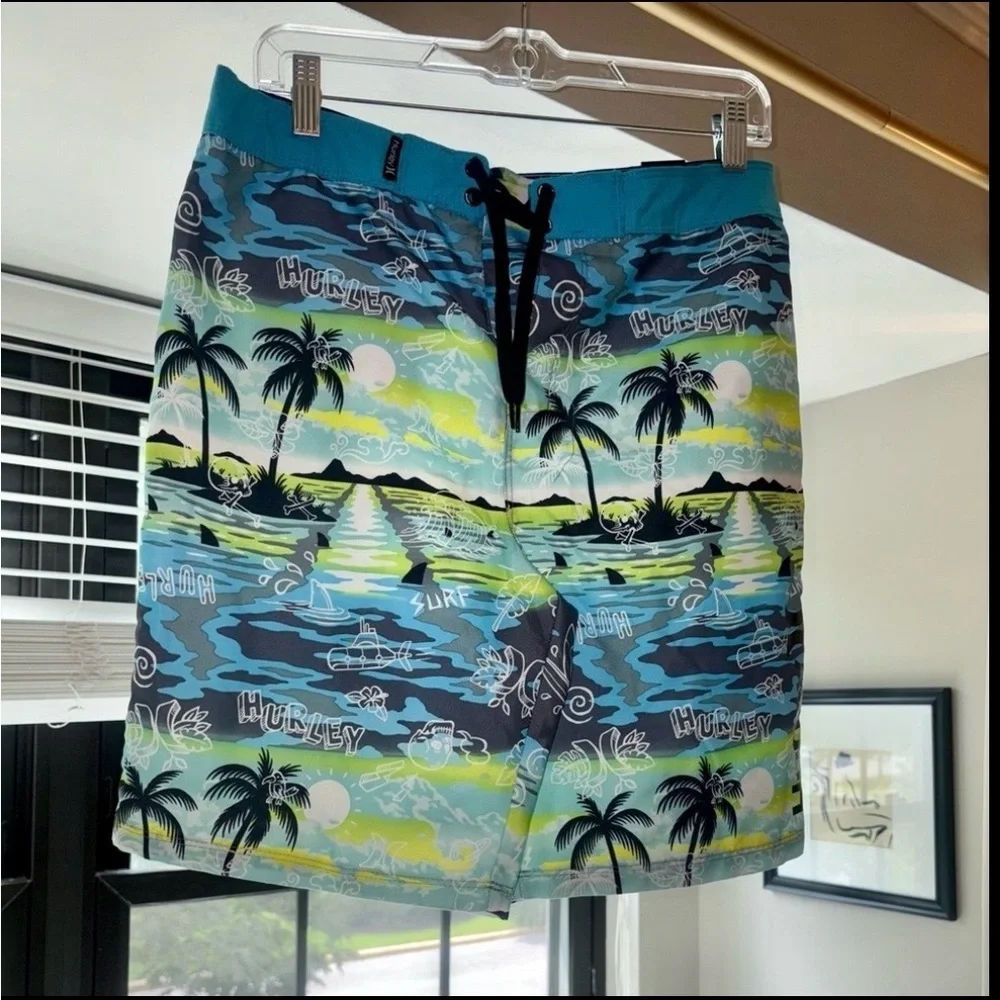 Hurley Men's Tropical Print Shorts - Blue‎ and Green -Size 29 NWT